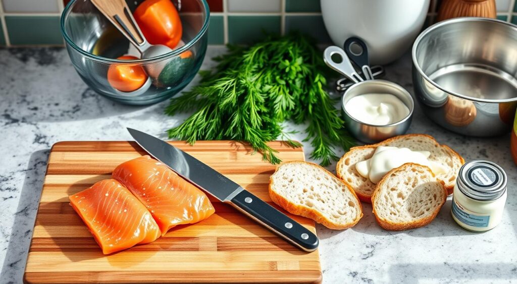 Kitchen Tools for Salmon Sandwich Preparation Kitchen Tools for Salmon Sandwich Preparation