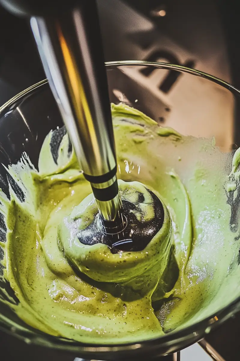 mixing-pistachio-buttercream Mixing pistachio buttercream frosting with an electric mixer