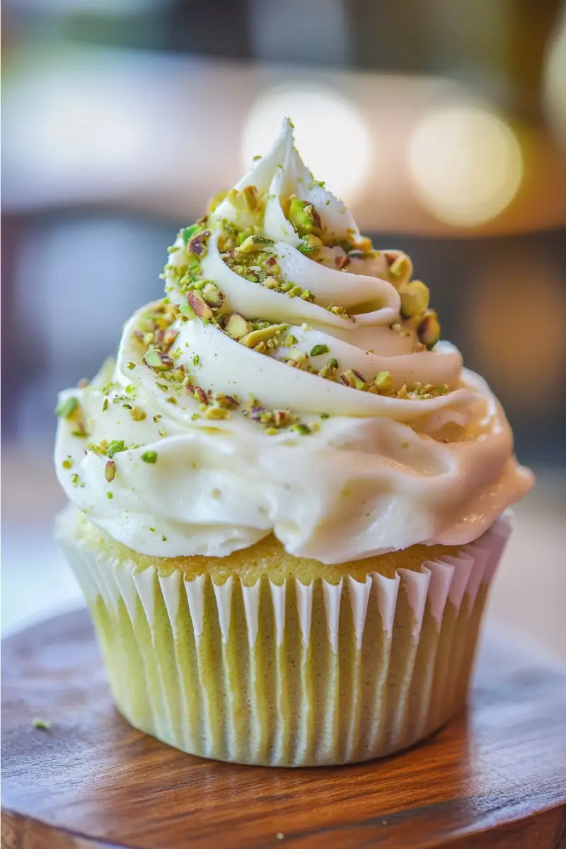 pistachio-frosting-cupcake Cupcake with pistachio buttercream frosting and chopped pistachios