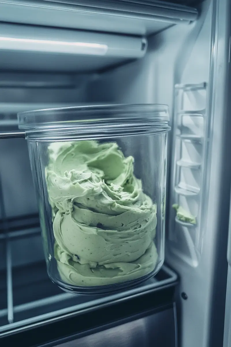 storing-pistachio-buttercream Airtight container of pistachio buttercream frosting inside a refrigerator