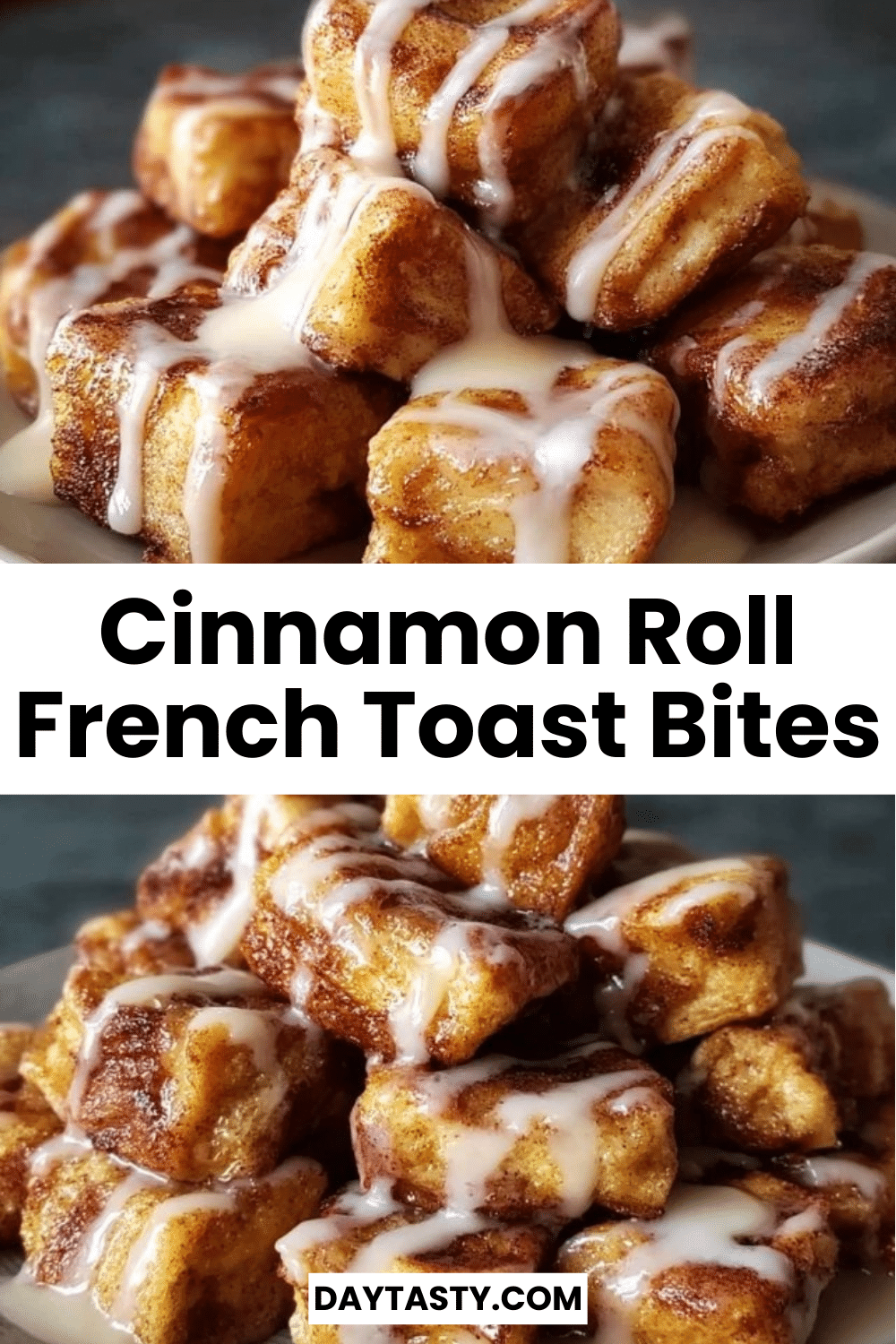 Delicious cinnamon roll french toast bites topped with icing and served on a plate.