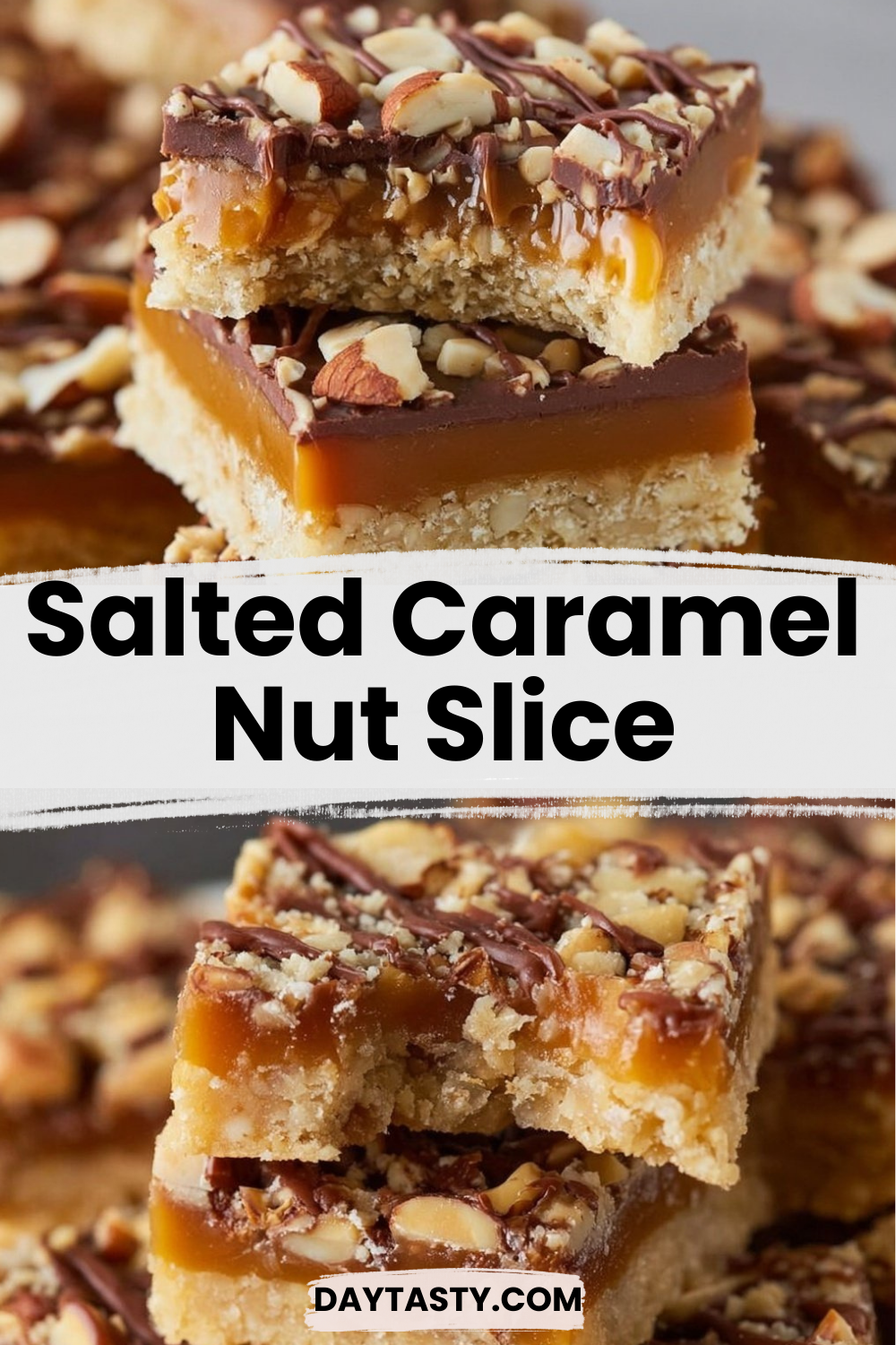 Delicious Salted Caramel Nut Slice with nuts and caramel drizzle