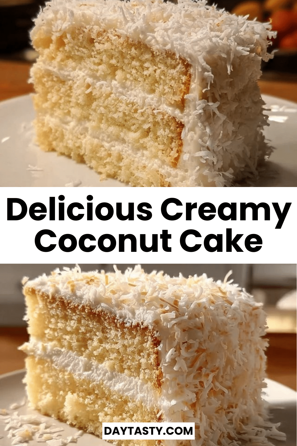 Delicious creamy coconut cake topped with coconut flakes and frosting