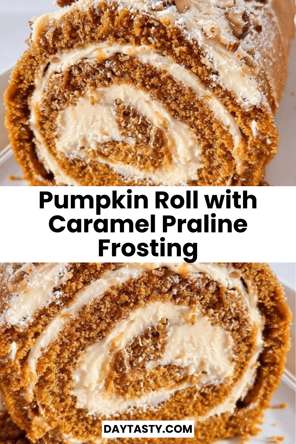 Pumpkin roll dessert with caramel praline frosting on a rustic table
