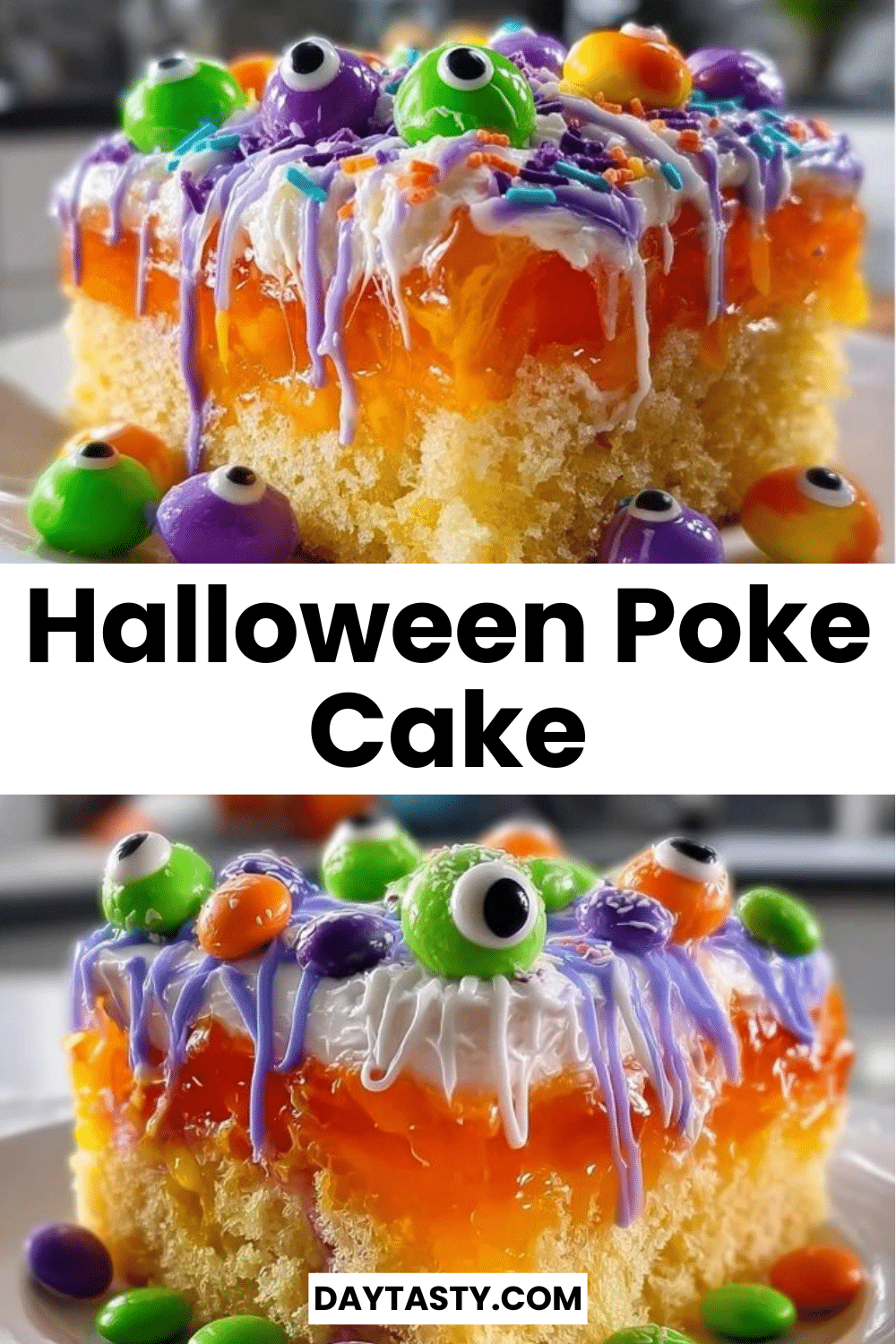 A festive Halloween Poke Cake decorated with spooky designs and vibrant colors.