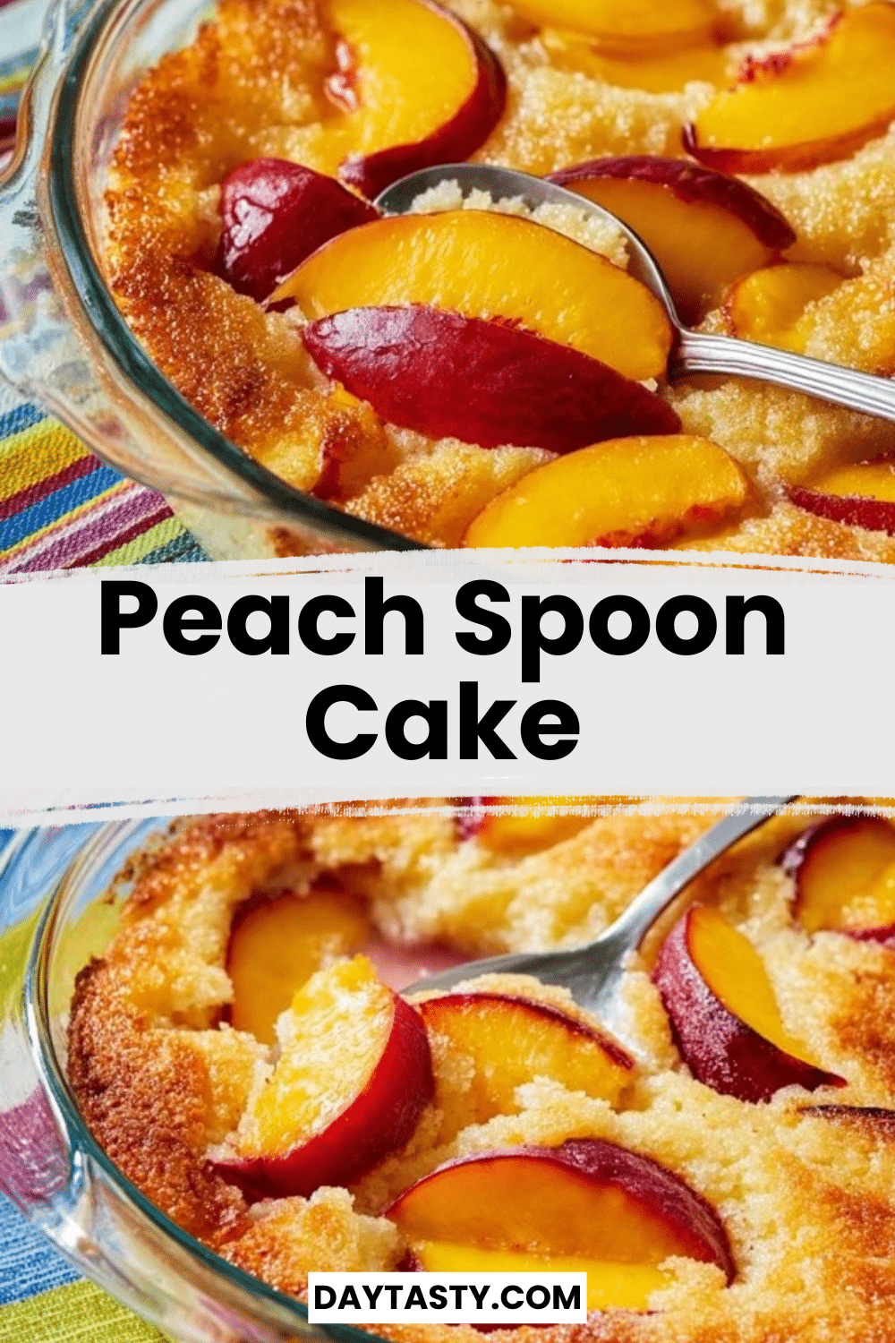 Homemade Peach Spoon Cake topped with fresh peaches and whipped cream
