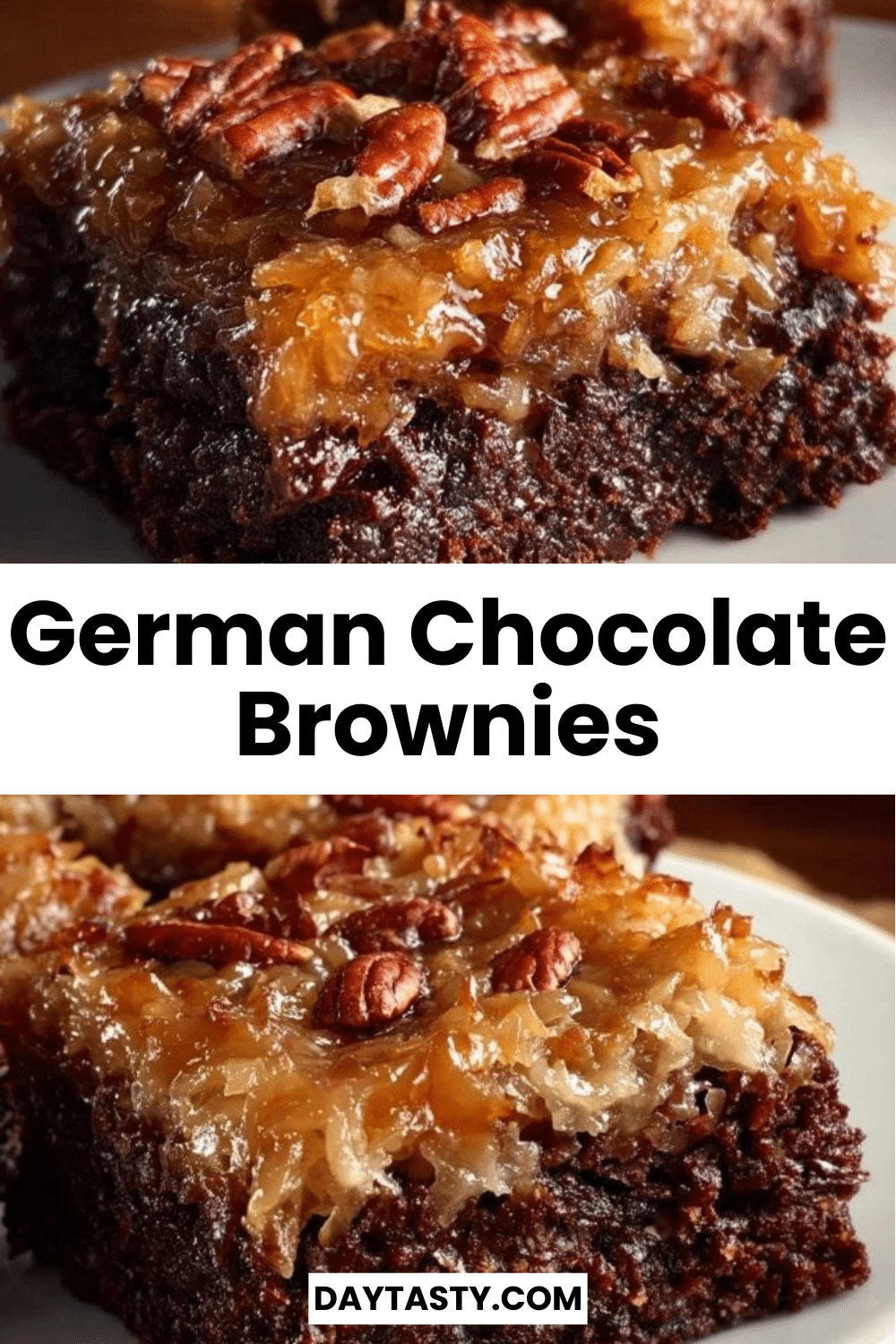 Delicious homemade German Chocolate Brownies topped with coconut and pecans