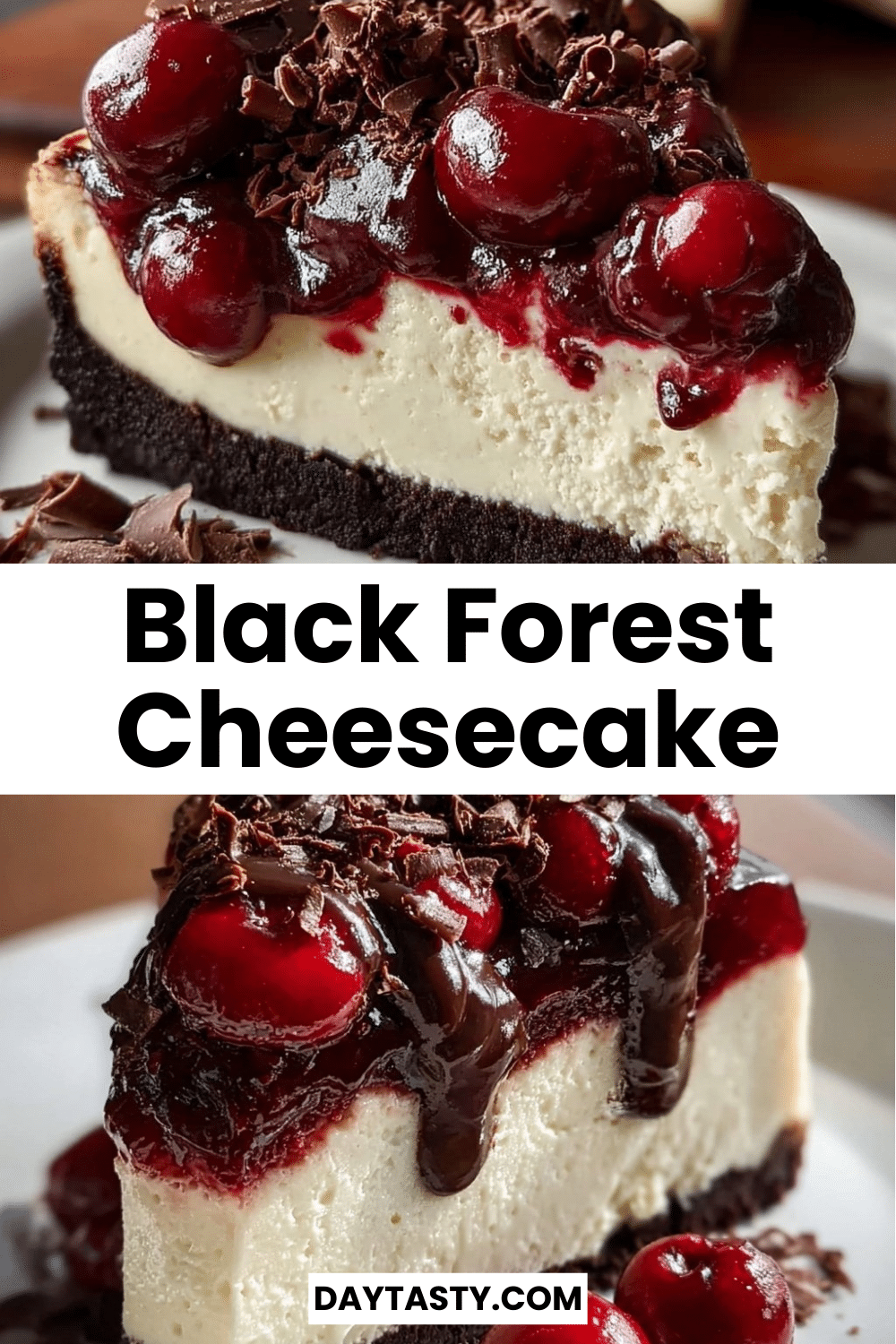 Slice of decadent Black Forest Cheesecake topped with cherries and whipped cream