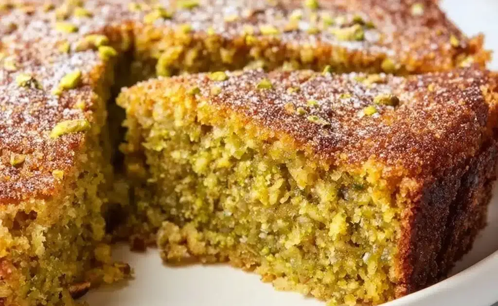 A slice of 3 Ingredient Pistachio Cake topped with nuts and vibrant green color.