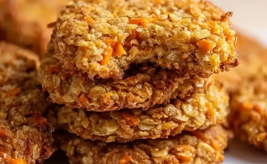 4 Ingredient Crispy Carrot Oatmeal Cookies on a wooden table