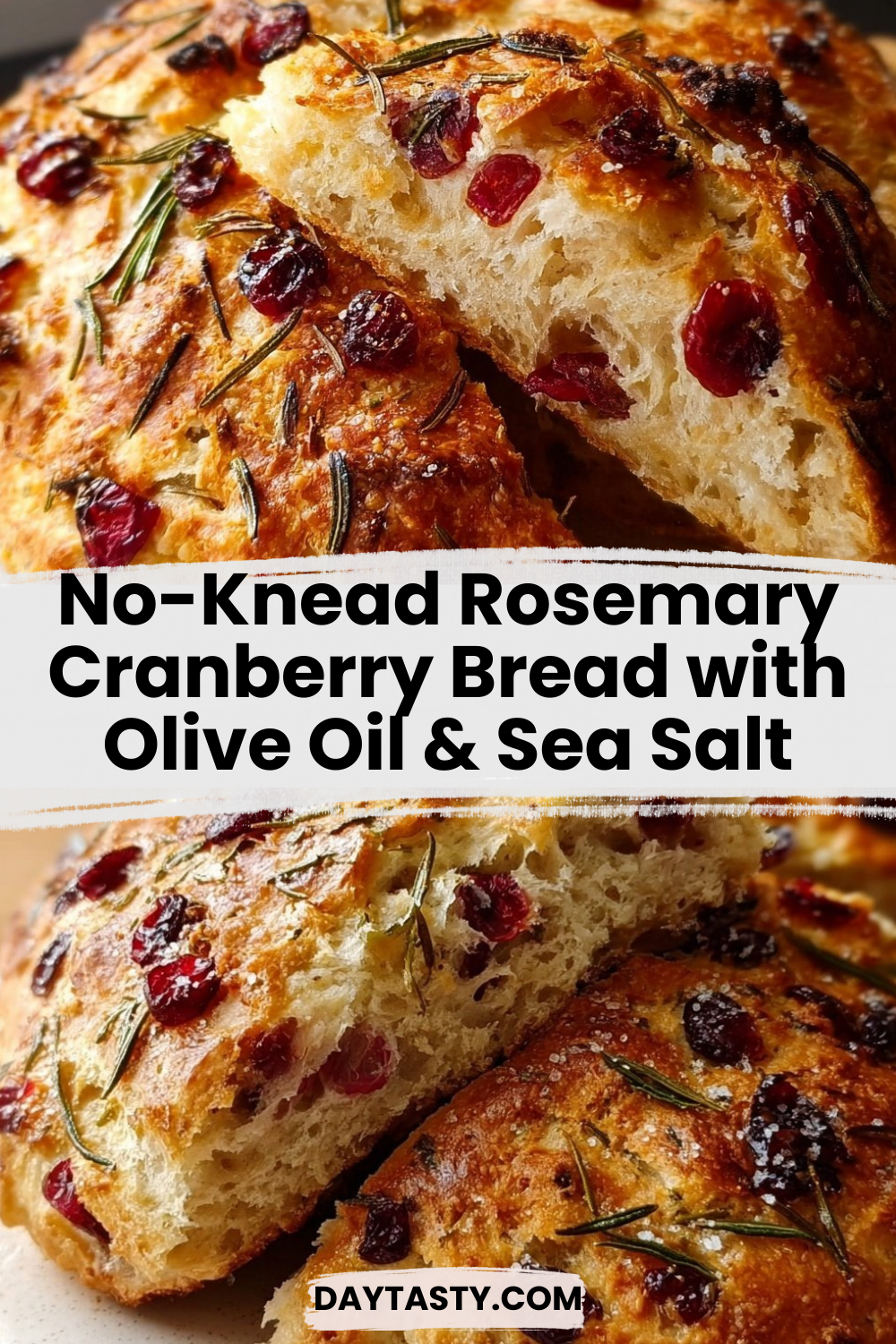 No-Knead Rosemary Cranberry Bread with Olive Oil & Sea Salt

