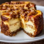 Delicious homemade Apple Cheesecake topped with fresh apple slices and caramel.