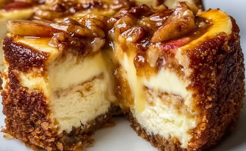 Delicious homemade Apple Cheesecake topped with fresh apple slices and caramel.