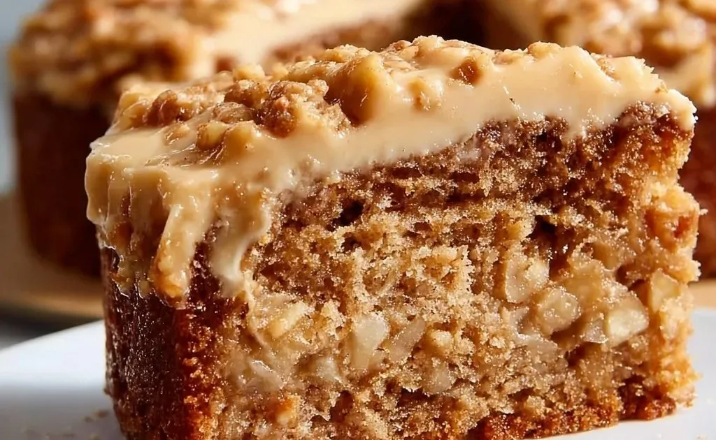 Delicious Apple Spice Cake topped with rich Brown Sugar Frosting