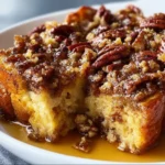 Baked Pecan Pie French Toast Casserole served on a plate