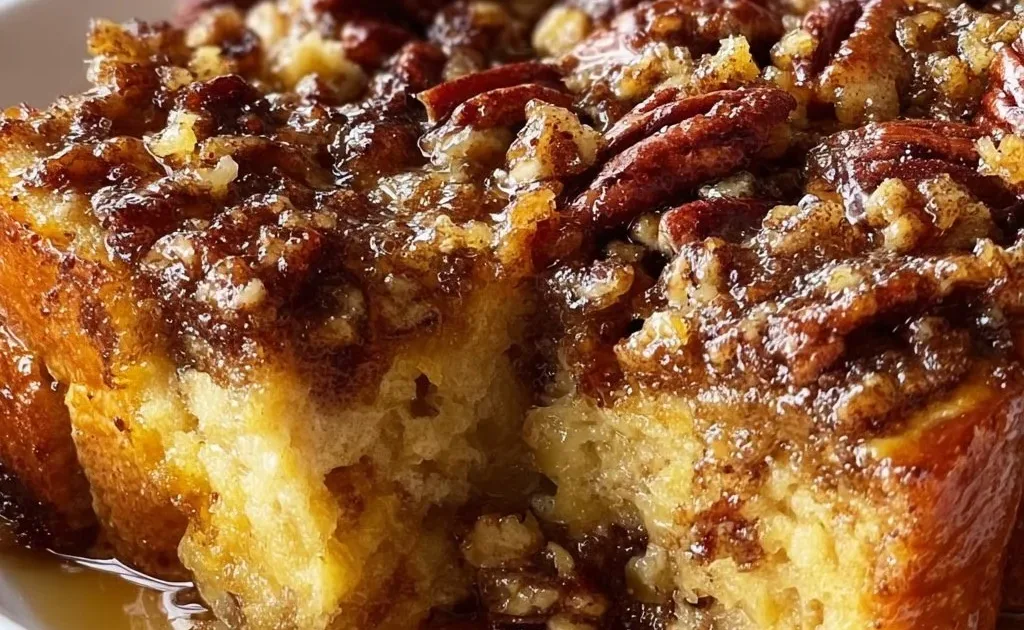 Baked Pecan Pie French Toast Casserole served on a plate