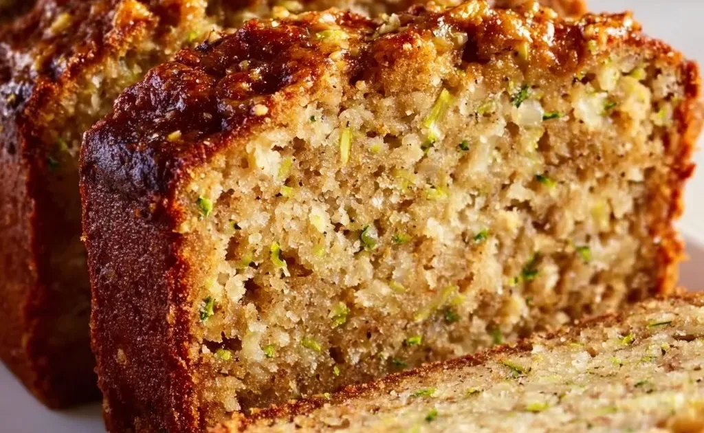 Delicious homemade banana zucchini bread on a wooden table.