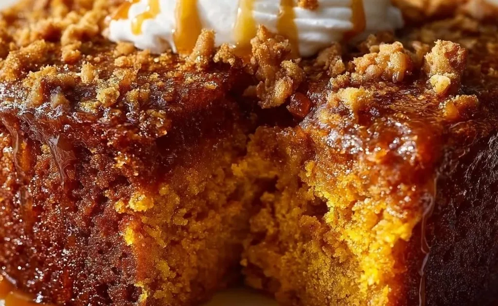 Slice of Better Than Fall Pumpkin Cake with cream cheese frosting