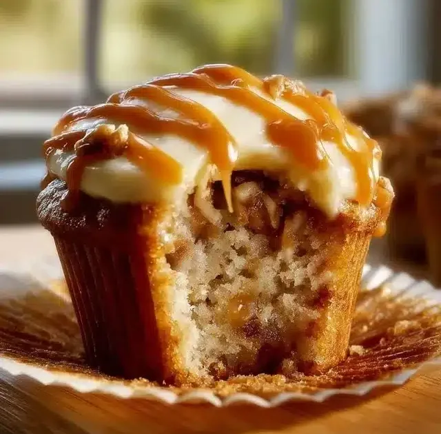 Deliciously frosted caramel apple cupcakes topped with caramel drizzle