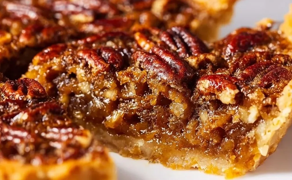 Delicious Caramel Pecan Pie topped with caramel and pecans