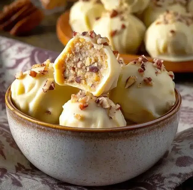 Delicious carrot cake truffles decorated with cream cheese frosting and walnuts.