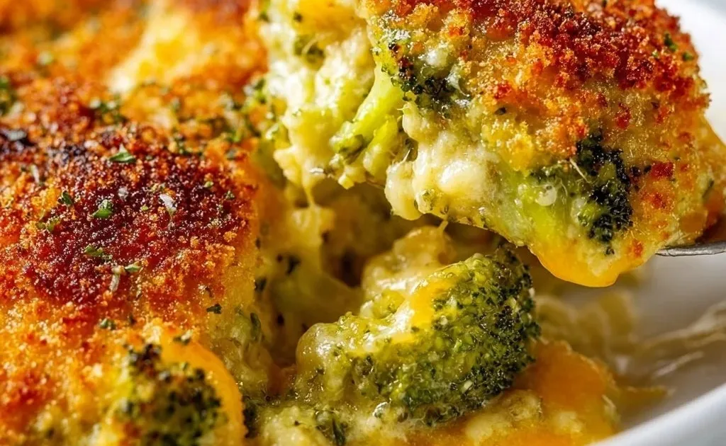 Cheesy broccoli au gratin dish topped with melted cheese and breadcrumbs
