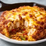 Delicious chicken fajita casserole topped with cheese and peppers
