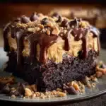 Delicious chocolate peanut butter poke cake topped with creamy frosting and chocolate drizzle.