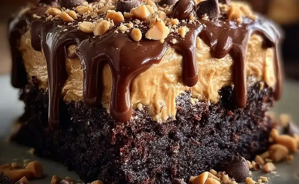Delicious chocolate peanut butter poke cake topped with creamy frosting and chocolate drizzle.