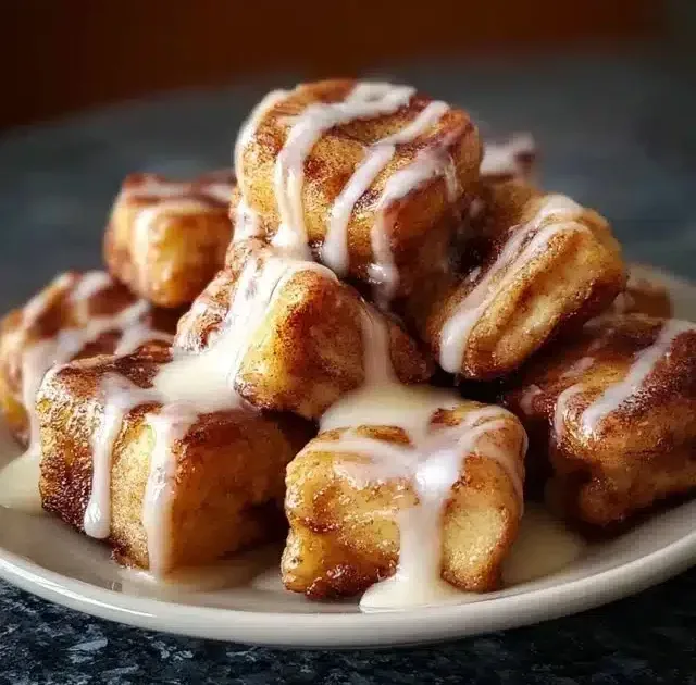 Delicious cinnamon roll french toast bites topped with icing and served on a plate.