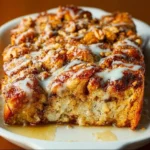 Cinnamon Roll French Toast Casserole topped with icing and cinnamon