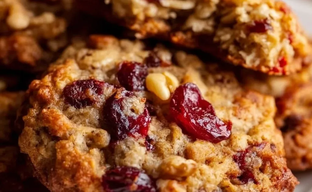 Freshly baked cranberry walnut oatmeal cookies on a rustic wooden table.
