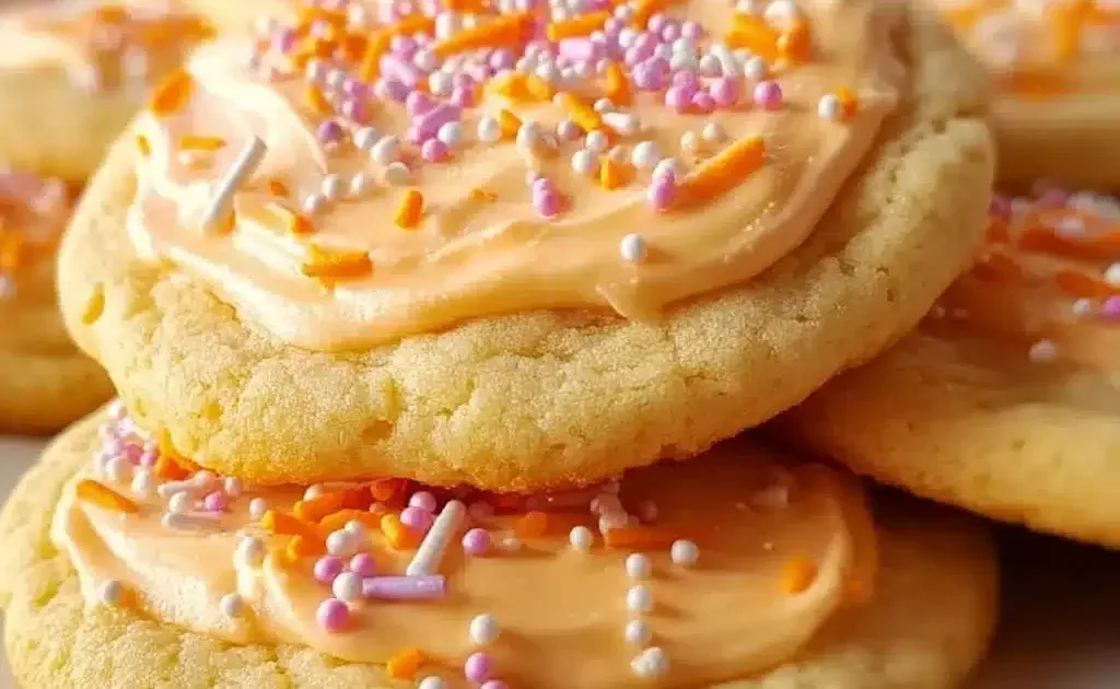 Delicious creamsicle orange sugar cookies stacked on a plate.