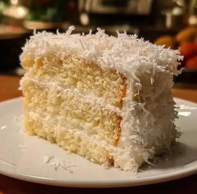 Delicious creamy coconut cake topped with coconut flakes and frosting
