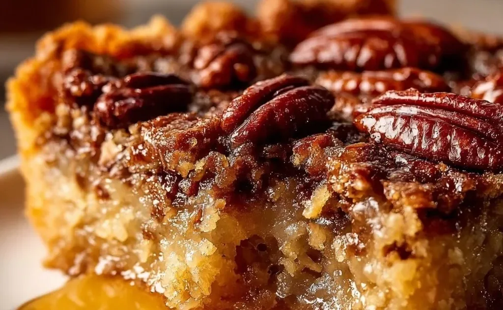 Easy pecan pie dump cake topped with pecans and caramel