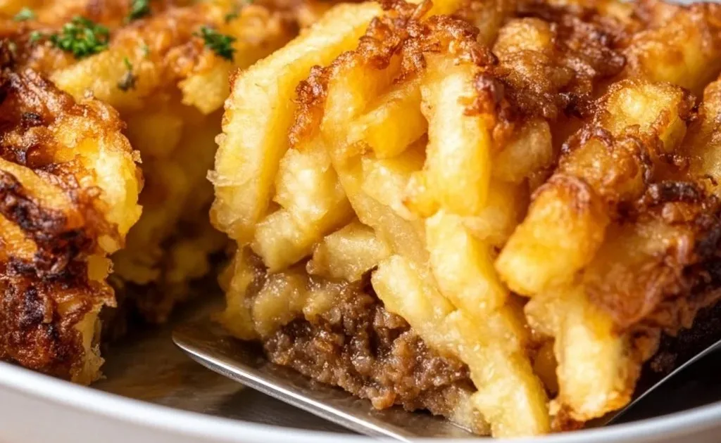 Delicious French Fry Casserole served with melted cheese and toppings