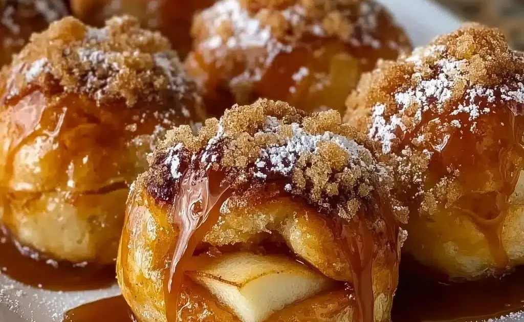 Gooey apple caramel bombs with melted caramel dripping down the sides.