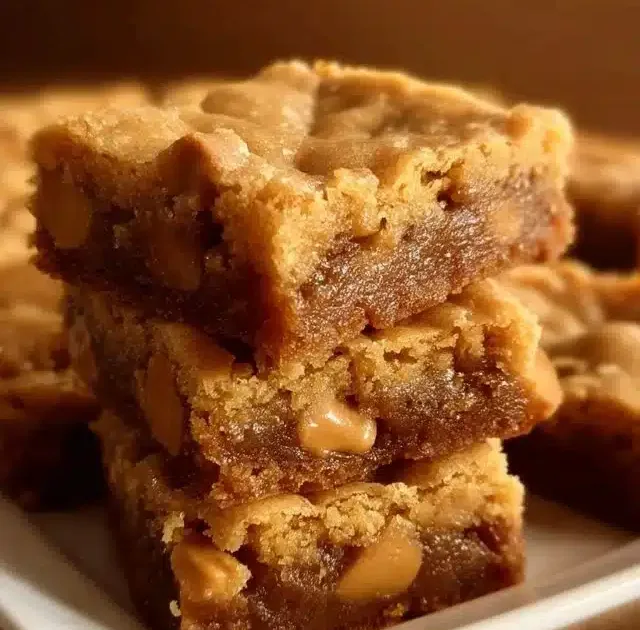 A plate of grandma's chewy butterscotch blondies, deliciously rich and golden.