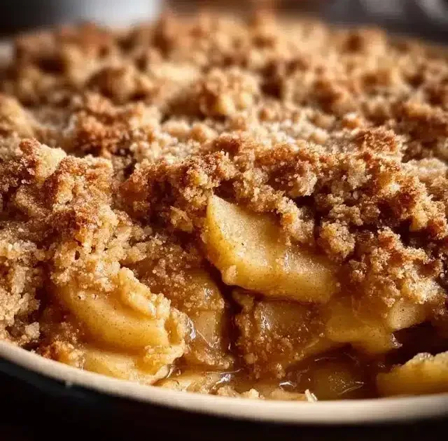 Delicious homemade apple crumble topped with golden, crispy crumble layer