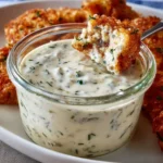A bowl of homemade ranch dressing garnished with herbs.