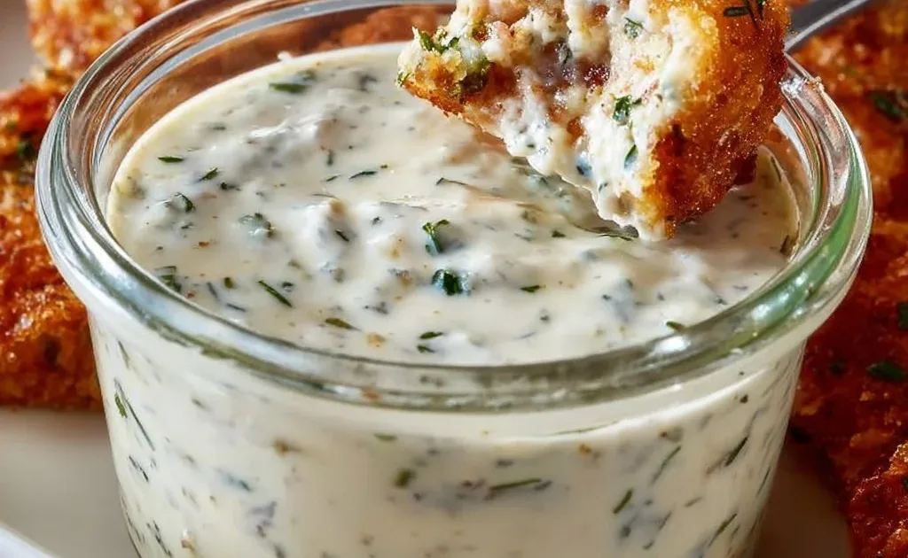 A bowl of homemade ranch dressing garnished with herbs.