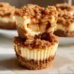 Delicious Mini Apple Crisp Cheesecakes topped with caramel and cinnamon