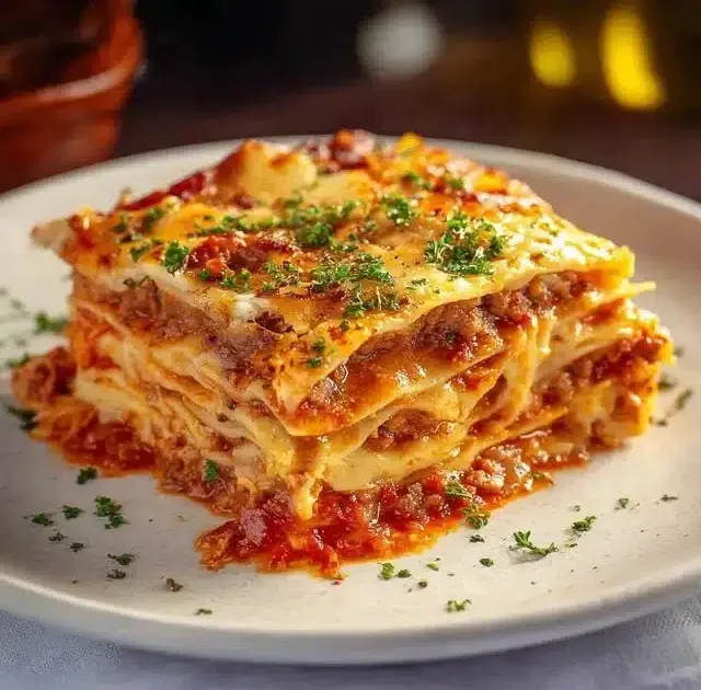 Delicious lasagna without ricotta cheese, layered with flavorful ingredients