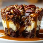 Loaded caramel pecan brownie cheesecake cup topped with caramel drizzle and pecans