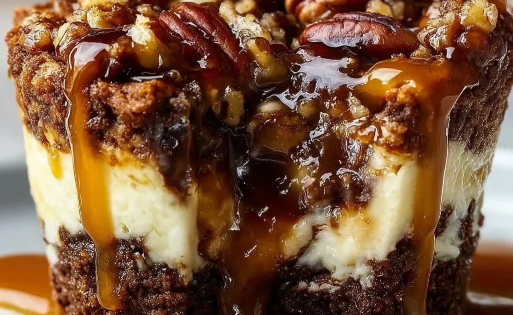 Loaded caramel pecan brownie cheesecake cup topped with caramel drizzle and pecans