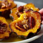 Maple Pecan Roasted Acorn Squash garnished and ready to serve