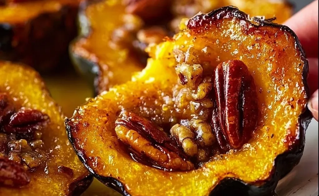 Maple Pecan Roasted Acorn Squash garnished and ready to serve
