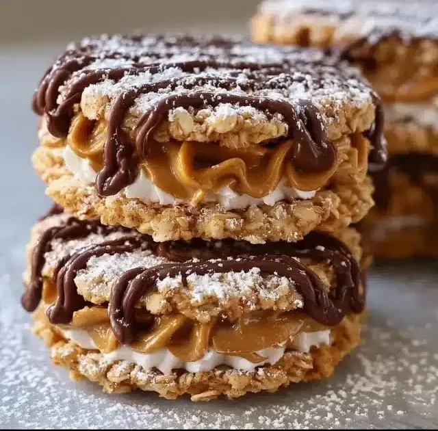 No-Bake Peanut Butter Oatmeal Sandwich Cookies on a plate, ready to enjoy.