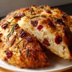 Freshly baked no-knead rosemary cranberry bread topped with olive oil and sea salt