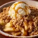 Delicious bowl of old-fashioned apple crisp topped with ice cream